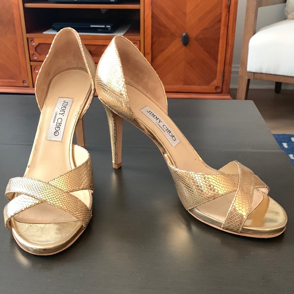Lightly used Jimmy Choo gold stilettos size 40 1/2